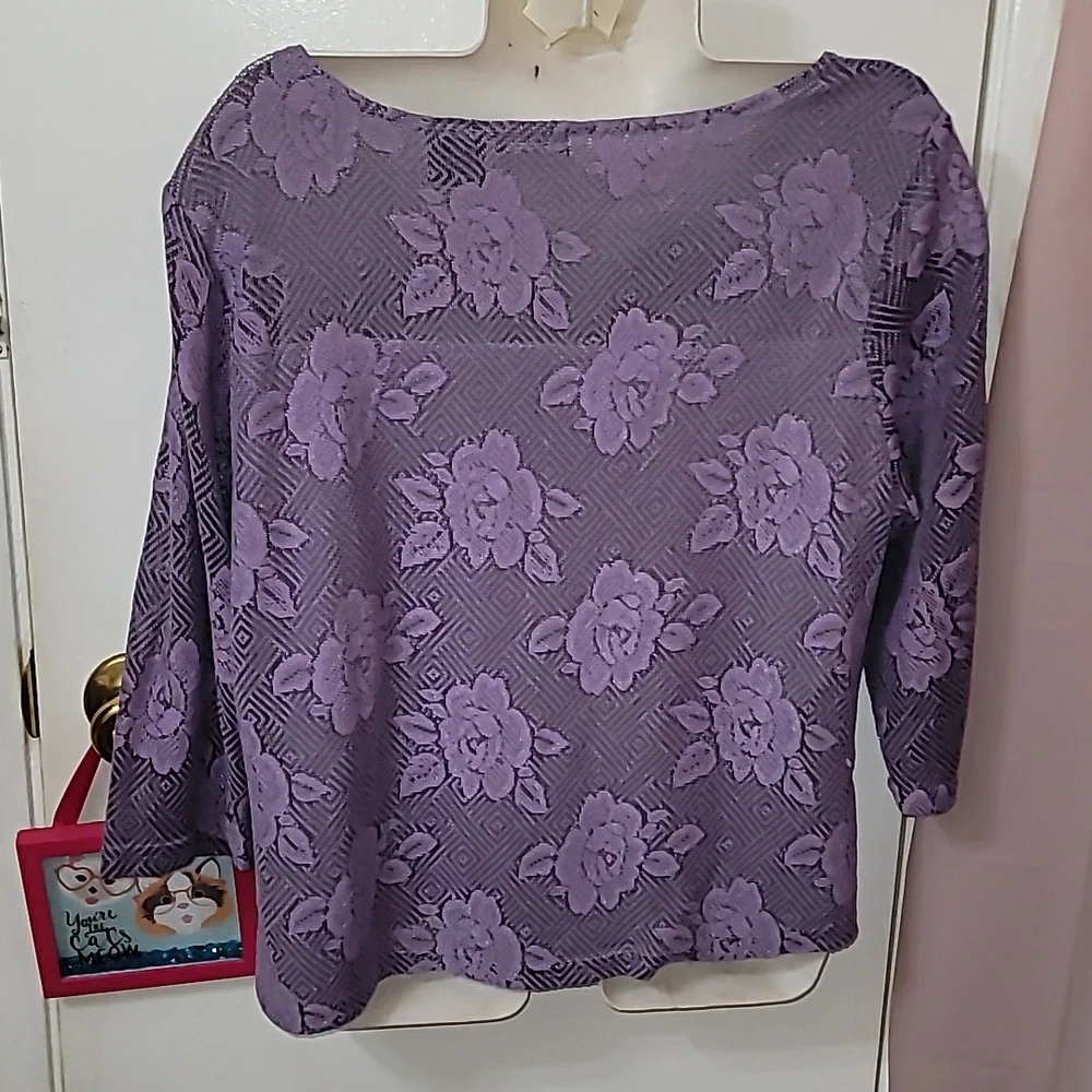 Lace floral top purple roses 3/4 sleeve y2k blouse xl 16/18